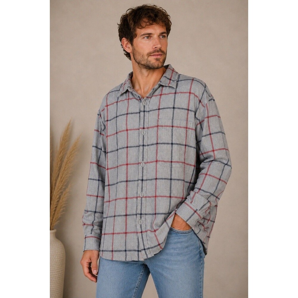 Roots Flannel Shirt XXL Gray Red Navy Plaid Cotton Button Front Long Sleeve